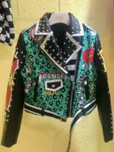 Chaquetas de cuero con estampado de grafiti para mujer, chaqueta de cuero pu con cinturón, estilo urbano, Punk, otoño y primavera 2024 - compra barato