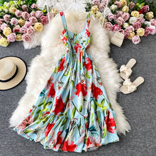 2021 Summer New Designer Spaghetti Strap Pleated Dresses Women Flower Print Long Beach Dress Vestdio 2024 - buy cheap