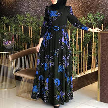 Модный летний сарафан для женщин с длинным рукавом мусульманское платье абайя этнический цветочный принт пояс Макси Кафтан халат 2020 сексуальные платья с круглым вырезом 2024 - купить недорого