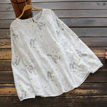 Mori Girl/Осенняя женская Свободная Повседневная рубашка из хлопка с длинным рукавом и круглым вырезом, пуловер с цветочной вышивкой, блузка из хлопка, женская рубашка 2024 - купить недорого