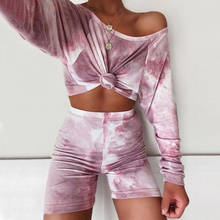 Tie Dye Print Sportswear 2 Two Piece Matching Set Women Long Sleeve Crop Top and High Waist Shorts Summer Tracksuit Clothes 2024 - buy cheap