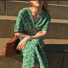 Women Summer Elegant V Neck Little Flower Long Dress Green Short Sleeve High Waist A-line Midi Dresses 2021 French Style 14542 2024 - buy cheap
