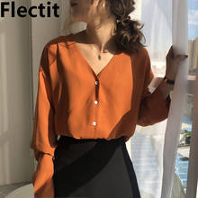 Flectit Womens Blouse V-Neck Button Down Long Sleeve Blouses Summer Spring Ladies Business Chic Outfit * 2024 - buy cheap