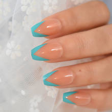 Глянцевая синяя французская балерина накладные ногти гроб телесный плоский гель средней длины накладные ногти бесплатно клейкая наклейка 2024 - купить недорого