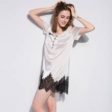 19 мм шелковая ночная рубашка для женщин Женская Летняя шелковая ночная рубашка с коротким рукавом белая кружевная сексуальная Свободная Домашняя одежда с v-образным вырезом 2024 - купить недорого