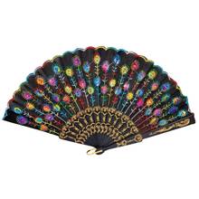 SODIAL(R) Colored Embroidered Flower Pattern Black Cloth Folding Hand Fan for Woman 2024 - buy cheap