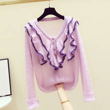 Purple Thin Knitted Women Sweater Pullovers V-Neck Ruffles Long-Sleeved Loose Elegant Lady Pulls Outwear Tops 2024 - buy cheap