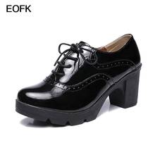 EOFK Spring Autumn Women Brogue Patent Leather Square High Heels Classics Black Lace-up Derby Oxfords Pumps Lady Casual Shoes 2024 - buy cheap