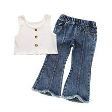 Crianças pequenas roupas verão, bebê menina, cor sólida, gola redonda, botão, regata + bainha desfiada, jeans flare 18m-6t 2024 - compre barato