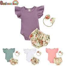 Летняя одежда для новорожденных 0-24 месяцев, комплект одежды для маленьких девочек с цветочным принтом, топы с летящими рукавами, шорты, повязка на голову, 3 предмета, наряды 2024 - купить недорого