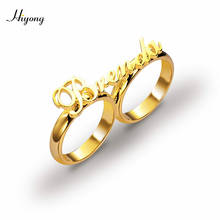 Hiyong anel personalizado com nome, anel de duas dedos banhado a ouro, em aço inoxidável, jóias para mulheres e homens 2024 - compre barato
