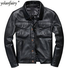 Chaqueta de Cuero genuino para Hombre, abrigo de Cuero de vaca Real para motocicleta, T-1213 KJ4108, primavera y otoño 2024 - compra barato