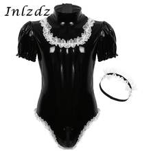 Mens Lingerie Sissy Bodysuit Maid Fancy Cosplay Costume Wet Look Leather High Neck Leotard Bodysuit with Elastic Lace Headband 2024 - buy cheap