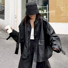 2021 Autumn And Winter Korean Fashion Design Sense Black Pu Leather Women's Loose Stand-up Collar Short Jacket Motorcycle Jacket 2024 - buy cheap