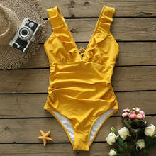 Monokini feminino com gola v plissado, peça única, roupa de banho para meninas, praia e piscina, 2021 2024 - compre barato