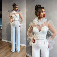 Modest White Jumpsuit Dresses Long Evening Gowns High Neck Long Sleeve Fall Outfits Pant Suit Women Party Gowns Satin Lace 2020 2024 - buy cheap