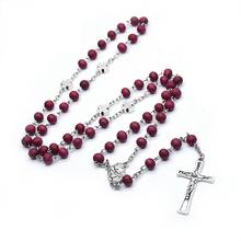 Joia católica de madeira vermelha qigo, rosário com cruz da família sagrada para mulheres e homens joias de oração religiosa 2024 - compre barato