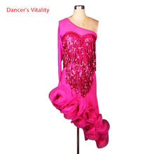 Latin dance costume single sleeves tassel latin dance dress for women latin dance competition dress lady rose dress 2024 - buy cheap