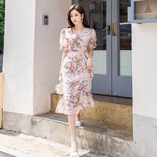 new arrival fashion fresh print v-neck trumpet dress women elegant chiffon temperament work style high quality mermaid dress 2024 - buy cheap