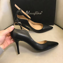 Sapatos de salto alto couro preto tipo stilettos femininos, sapatos de couro genuíno com alça no tornozelo, salto alto ponta baixo 2024 - compre barato