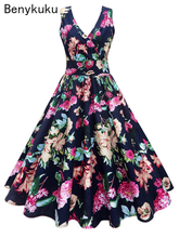 1950s 60 Ретро Цветочный принт платье для женщин в винтажном стиле; Летние платья с v-образным вырезом размера плюс халат в стиле пин-ап рокабилли вечерние Открытое платье без рукавов Vestidos 2024 - купить недорого