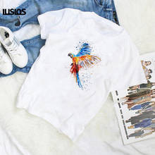 LUS LOS flying parrot oil painting t shirt for women plus size femme summer short sleeve casual white tee tops fashion t-shirts 2024 - buy cheap
