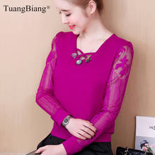 Women autumn 2020 Lace stitching Chiffon Shirt Hollow out Long sleeve Beading V-Neck Blouse feminine elegant Purple Red Shirts 2024 - buy cheap