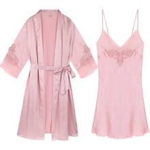 Rosa sexy pijama de seda para mulher cetim noite ternos senhoras rendas dormir robe espaguete cinta bordado primavera outono nightwear 2024 - compre barato