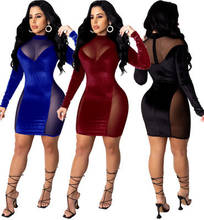 Cutubly midi vestido ver embora bodycon zíper até vestido sexy para as mulheres manga longa veludo malha retalhos clube festa lápis vestidos 2024 - compre barato