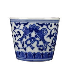 Taza de herradura de cerámica de Jingdezhen, diseño de loto de pescado azul y blanco antiguo, copa de vino, COPA DE AGUA, copa de vino 2024 - compra barato