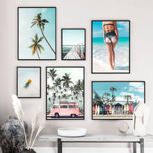 Ônibus mar praia menina palmeira paisagem da parede arte da lona pintura nordic posters e cópias fotos de parede para sala estar decoração 2024 - compre barato