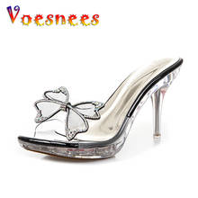 Voesnees Butterfly-knot Crystal Clear Heels Slipper Women's Water Drill Platform Thick Bottom Transparent High-heeled Shoes 2024 - buy cheap