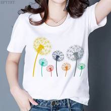 Verão nova mulher t camisa harajuku dandelion bouquet impresso branco camiseta senhora lazer tamanho grande topos de manga curta tshirt femme 2024 - compre barato