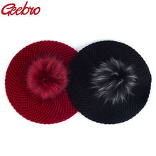 Geebro Women Winter Fashion Casual Double Layer Berets Hat Knitted Wool Berets With Faux Fur Pom pon Ladies Acrylic Beret Hats 2024 - buy cheap