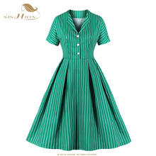 SISHION Stand collar Button Up Vintage Green Striped Dress Women Short Sleeve Elegant A-Line Swing Shirt Dress SP1294 2024 - buy cheap