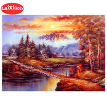 Pintura de diamante redondo para el hogar pintura de diamante natural al atardecer, Diamante de imitación cuadrado completo de imagen, mosaico de diamantes, país, lago, árbol, paisajismo para el hogar, 2020 2024 - compra barato