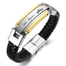 Her King His Queen Couple Bracelet for Women Men Black Genuine Leather Crown Charm Bracelet Bangle Promise Love Dating Jewelry 2024 - buy cheap