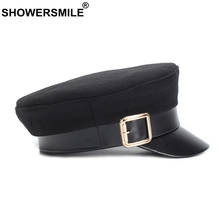 SHOWERSMILE Women Military Hat Woolen Autumn Female Flat Hat Army Buckle French Leather Brim Ladies Black Captain Sailor Hat 2024 - buy cheap