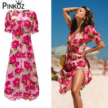 Pinkoz Bohemian Flowery Beach Style Dress Women V neck Button Decorative Floral Print Boho Dress Casual Slip Dress New Fashion 2024 - buy cheap