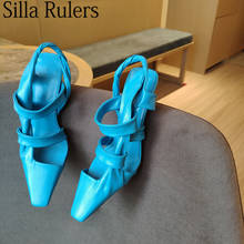 Sandalias de punta cuadrada con una correa para Mujer, zapatos de tacón de 8,5 cm, piel auténtica, para fiesta, pasarela, Verano 2024 - compra barato