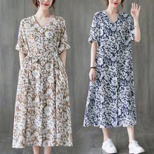 Trendy Floral Shirt Dress Women 2021 Summer Short Sleeve Retro V-Neck Casual Loose Long Dress Female Vestidos Tunic Tops zh801 2024 - buy cheap