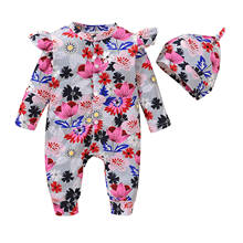 Newborn Infant Baby Girls Clothes Long Sleeve Ruffles Floral Print Romper Jumpsuit+Hat 3 6 12 18 Months barboteuse bébé fille 2024 - buy cheap