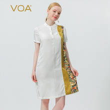 VOA Silk 22m/m Ivory White Jacquard Half-Collar Mix Material Stitching Short Sleeve Loose Waist Pullover AE60 Woman Dress 2024 - buy cheap