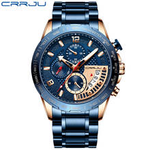 Crrju relógio esportivo masculino de aço, relógio azul de quartzo para homens à prova d'água com data week militar 2024 - compre barato