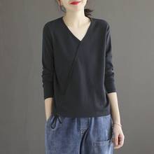 Camisa base solta de cordão top outono novo cinza outono manga comprida gola v camiseta moda feminina p1206 2024 - compre barato