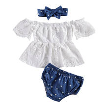 3 Pcs Newborn Casual Outfits Baby Short Sleeve Hollow Out Off-the-shoulder Lace Tops + Love Print Shorts + Bowknot Headband 2024 - buy cheap