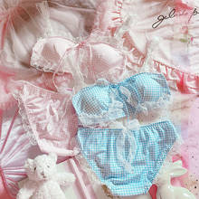 Conjunto de ropa interior Kawaii para mujer, lencería de Lolita, sujetador y bragas Sexy japonesas, color azul y rosa, nuevo 2024 - compra barato