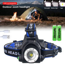 Lanterna de cabeça ajustável com zoom 3 modos, 200-500 metros, t6 led, carregamento usb forte, luz led para pesca, bateria 18650