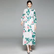 New Autumn Chiffon Long Dress Runway Women Rose Flower Print White Long Sleeve Dress Fashion Sashes Holiday Maxi Vestidos 2024 - buy cheap