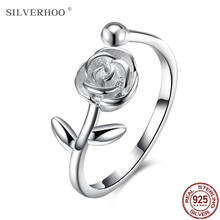 Silverhoo 925 anéis de prata esterlina femininos, joia de dedo minimalista com flor de rosa aberta, anel ajustável para casamento e noivado 2024 - compre barato
